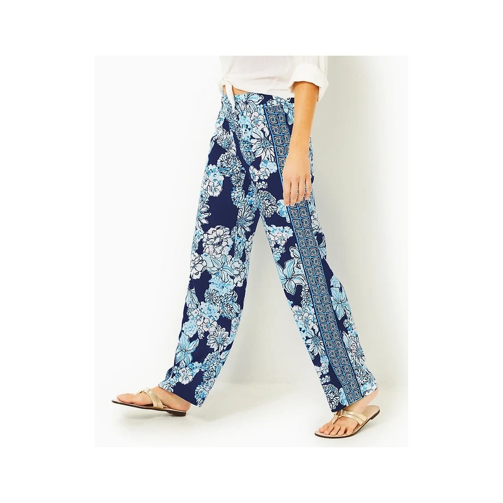 Lilly Pulitzer Bal Harbour Palazzo Pants XL Navy Bouquet Floral Print Beach
